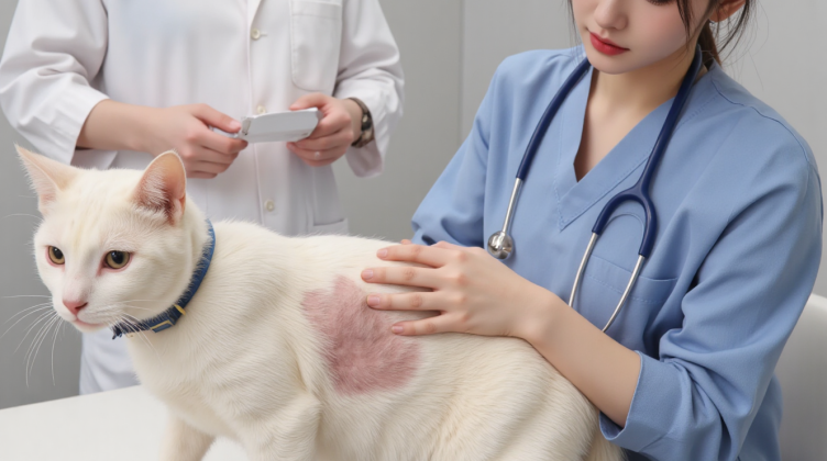 兽医检查猫咪皮肤状况，识别猫藓过敏皮疹等皮肤病类型