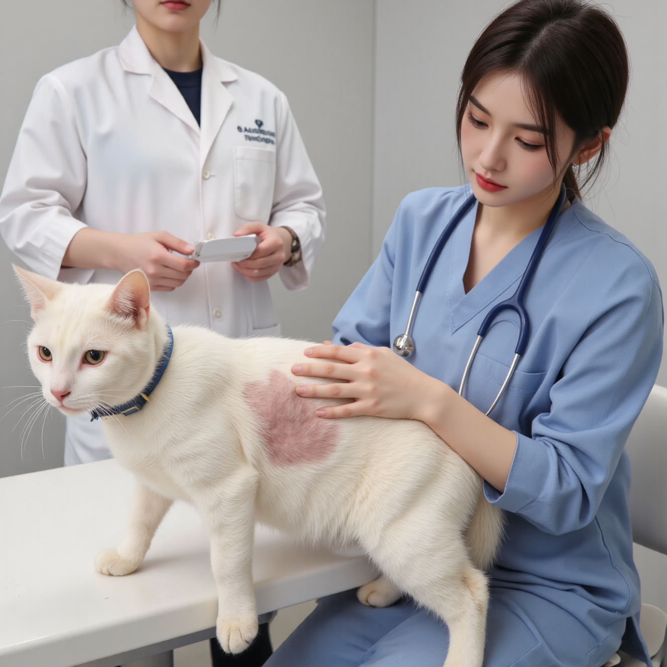 兽医检查猫咪皮肤状况,识别猫藓过敏皮疹等皮肤病类型