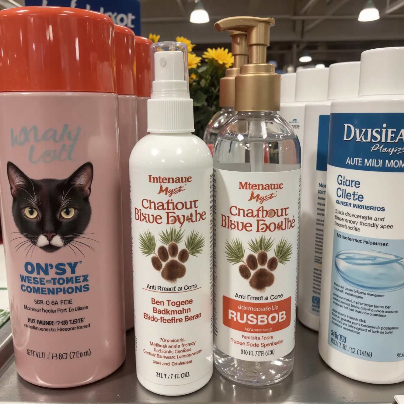 猫咪皮肤病外用药品展示,抗真菌洗剂和外用喷剂产品对比