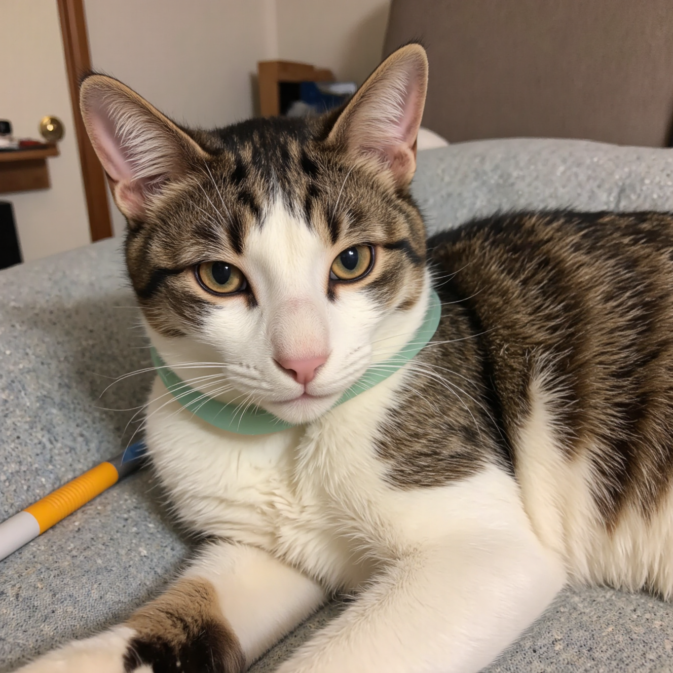 猫咪绝育术后在家戴着伊丽莎白圈舒适休养