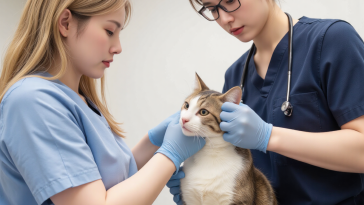 兽医向猫咪主人讲解绝育手术方案，诊所咨询场景