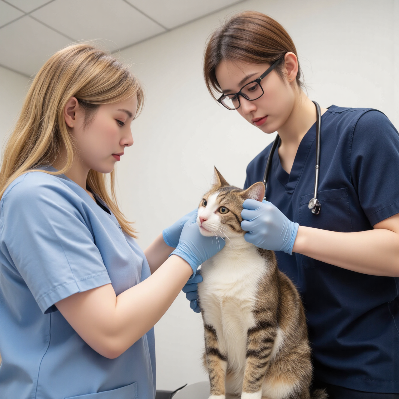 兽医向猫咪主人讲解绝育手术方案，诊所咨询场景