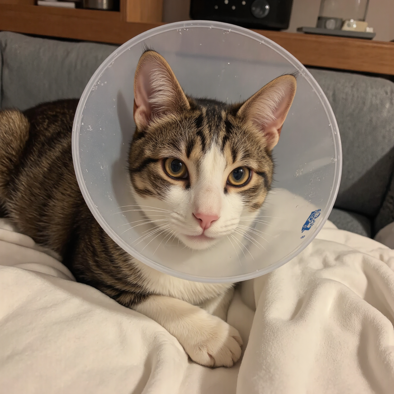 猫咪绝育手术后在家恢复，戴着伊丽莎白圈