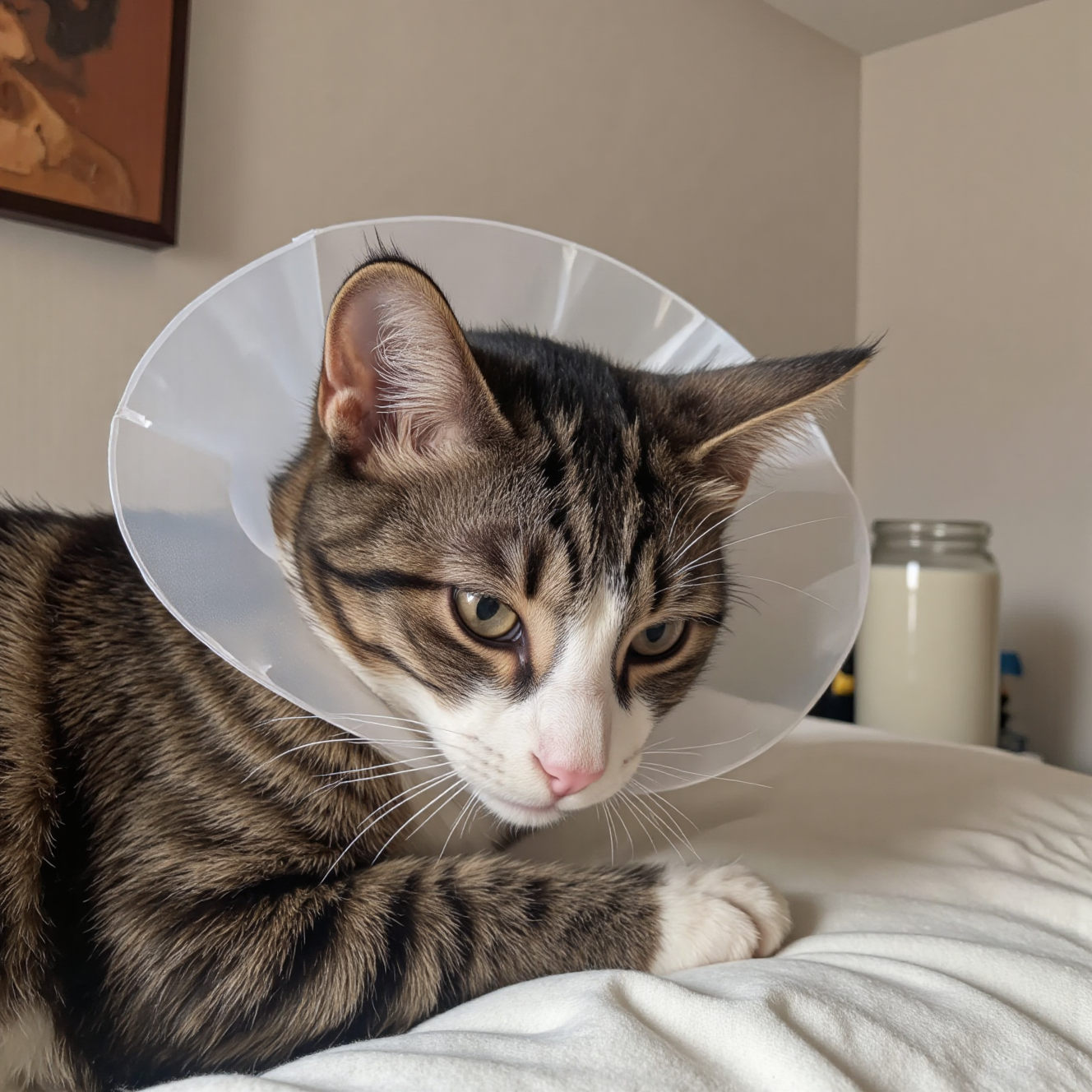 猫咪绝育手术后戴伊丽莎白圈恢复,术后居家护理舒适环境