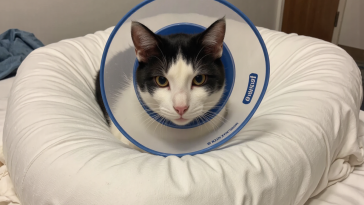 戴着伊丽莎白圈的猫咪手术后休息在柔软的猫床上，术后康复护理