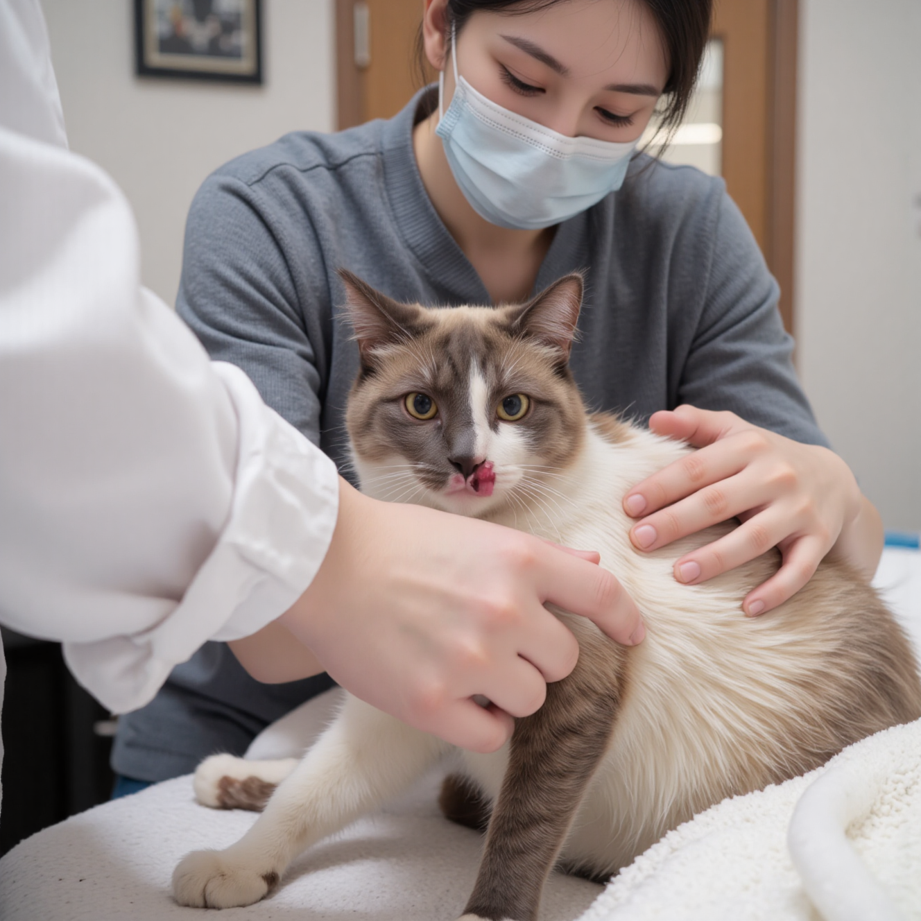 主人轻柔检查猫咪手术切口愈合情况，监测绝育术后恢复