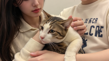 主人温柔安抚焦虑猫咪,猫咪应激管理环境优化居家缓解