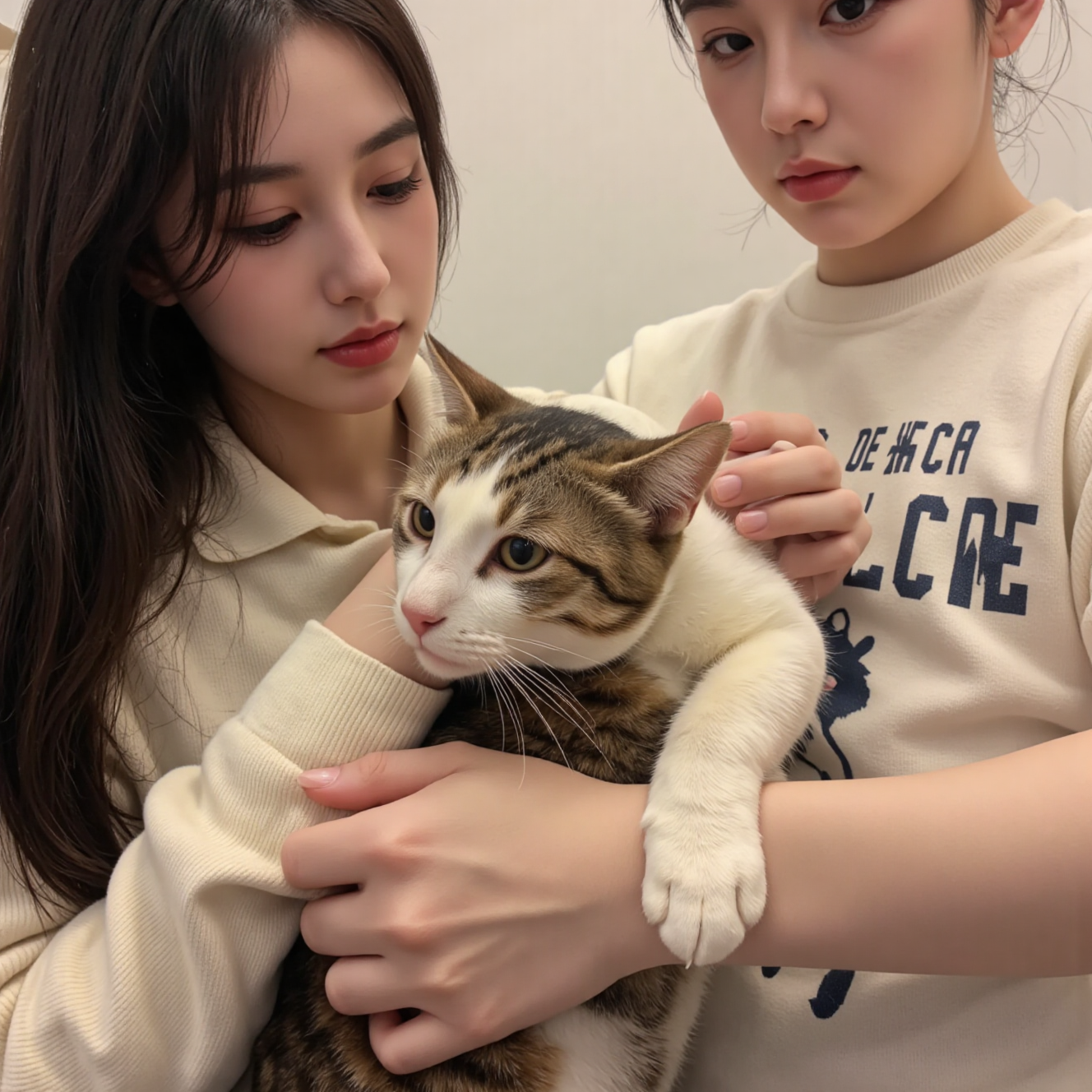 主人温柔安抚焦虑猫咪,猫咪应激管理环境优化居家缓解