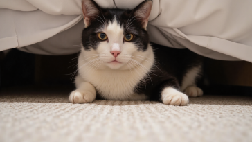 应激猫咪躲在床底，表现出恐惧回避行为