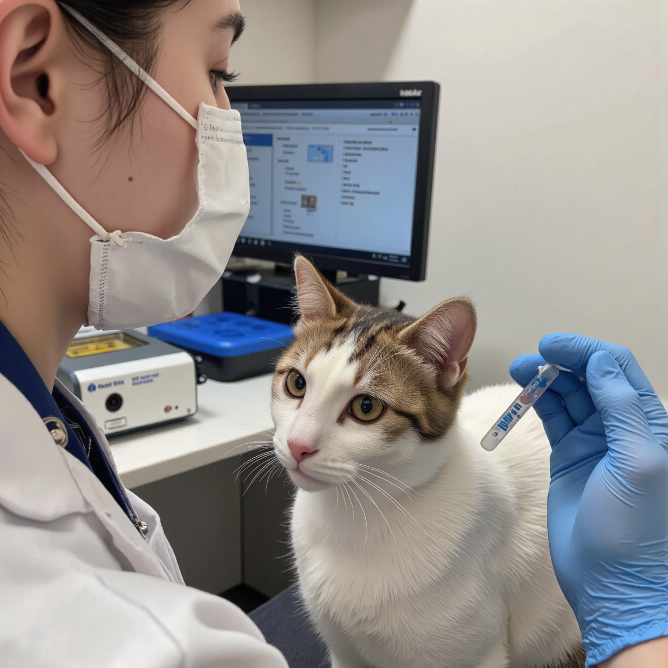 兽医检查猫咪尿液样本显微镜分析，猫咪泌尿道疾病诊断