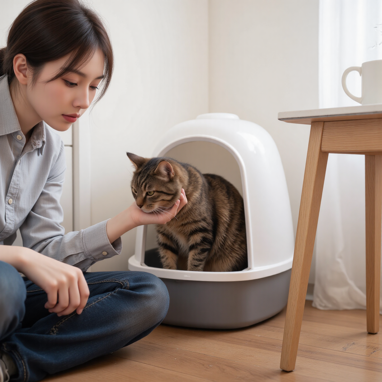 猫咪在猫砂盆里努力排尿但无法排出，泌尿堵塞紧急情况