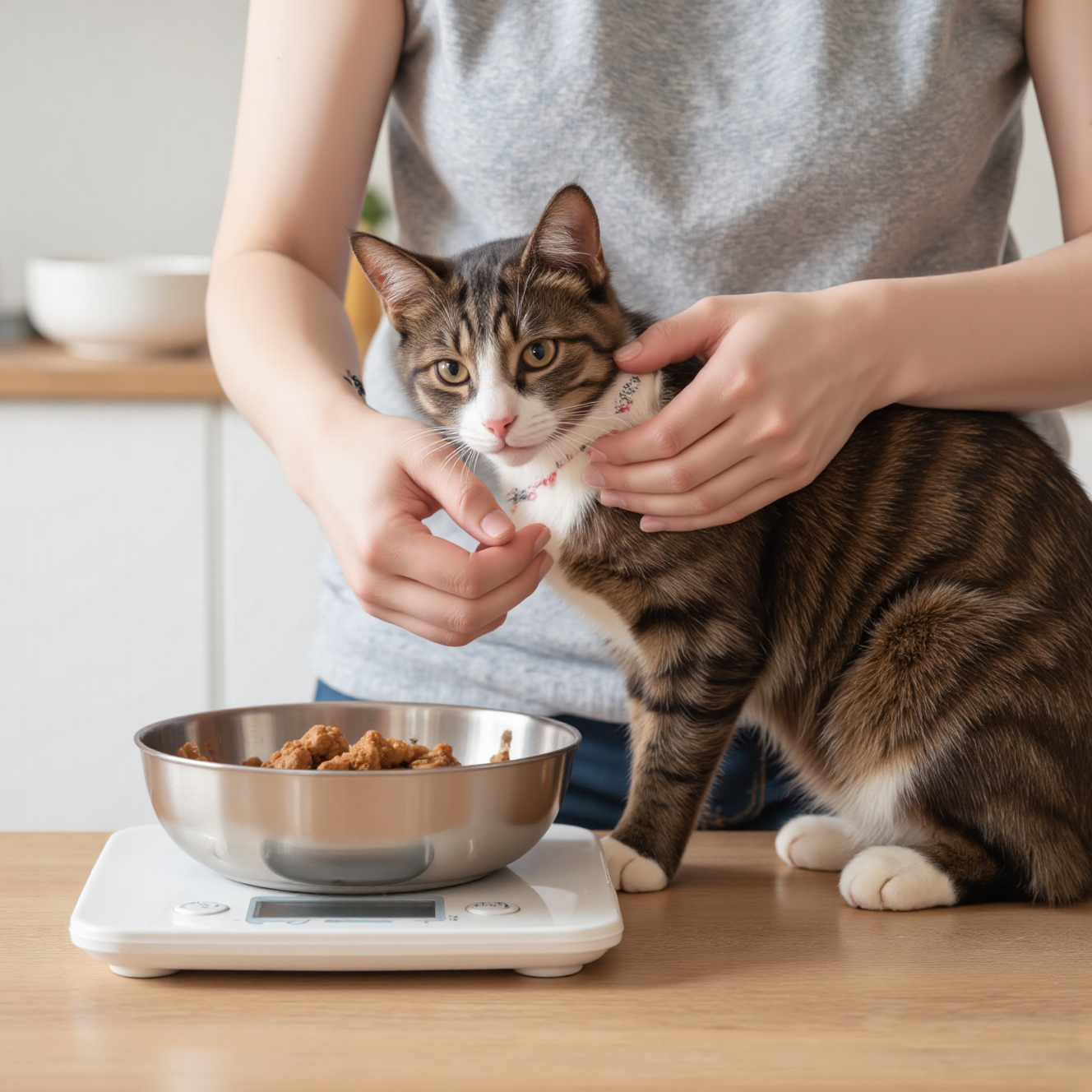 主人用厨房秤精确称量猫粮分量，猫咪体重管理日常喂食
