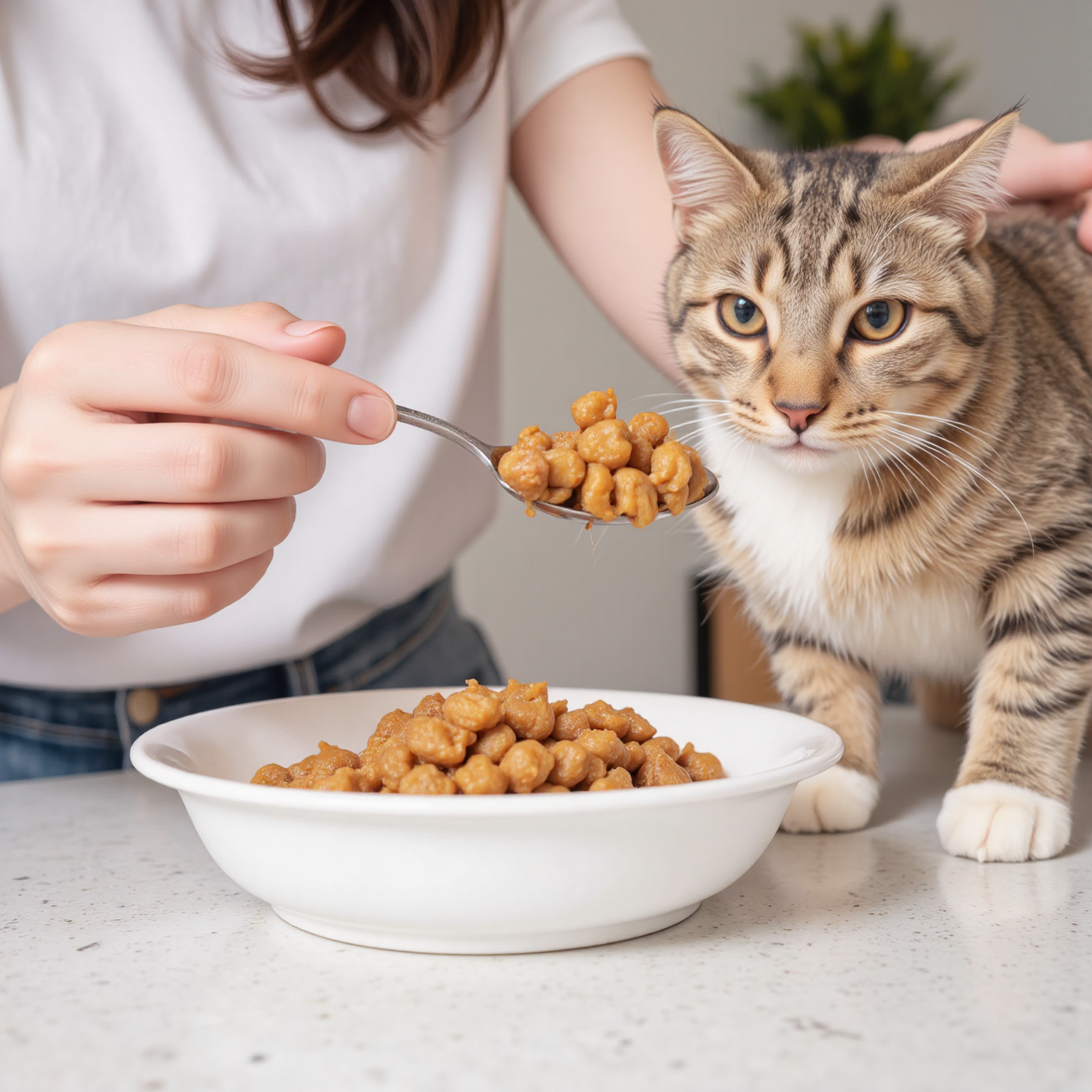 猫主人喂猫咪湿粮，正确喂食比例和方法演示