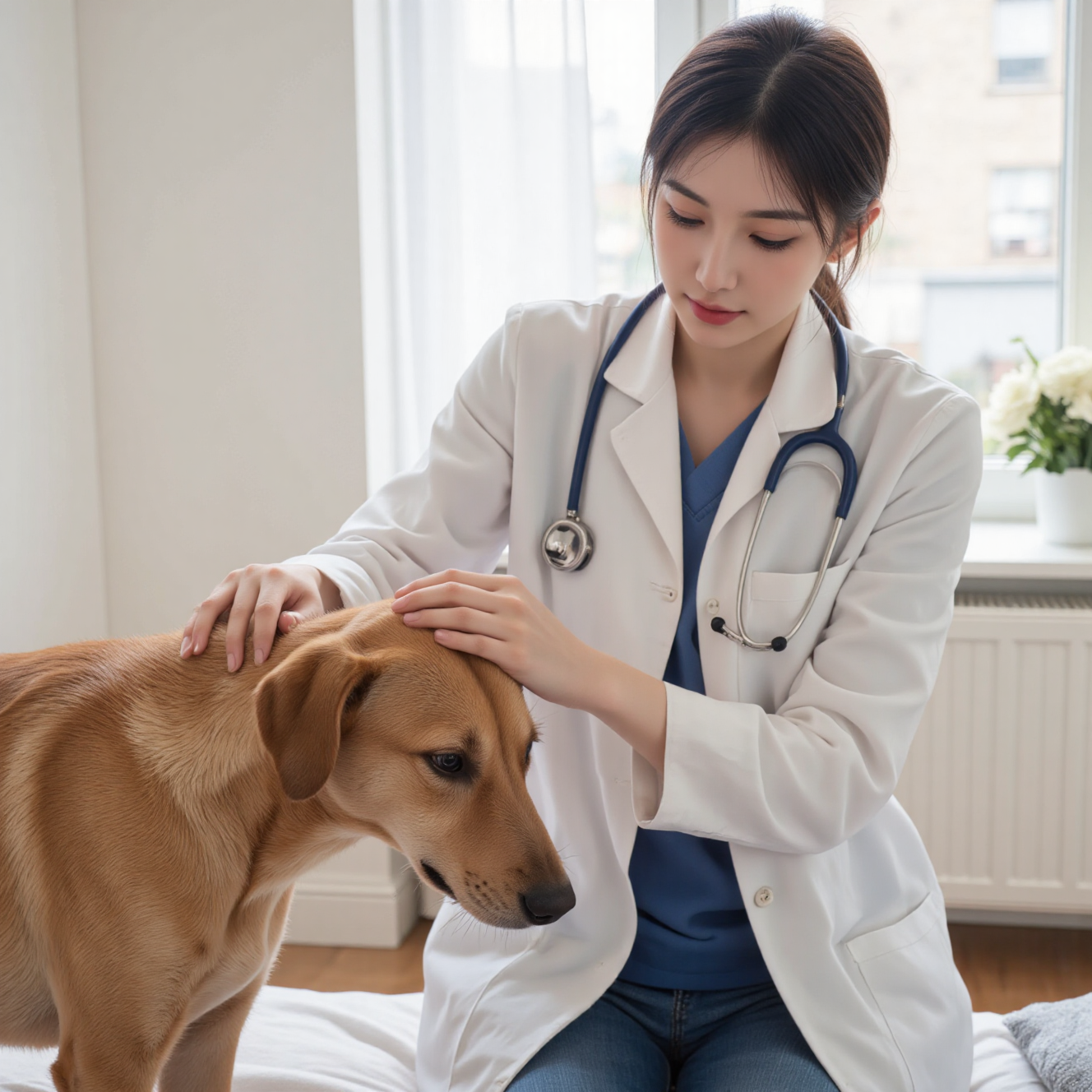 兽医示范给关节炎老年犬做关节按摩康复治疗，犬关节炎物理治疗
