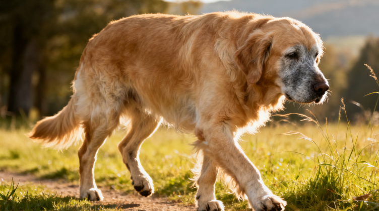 老年金毛猎犬在户外缓慢行走，关节炎症状表现