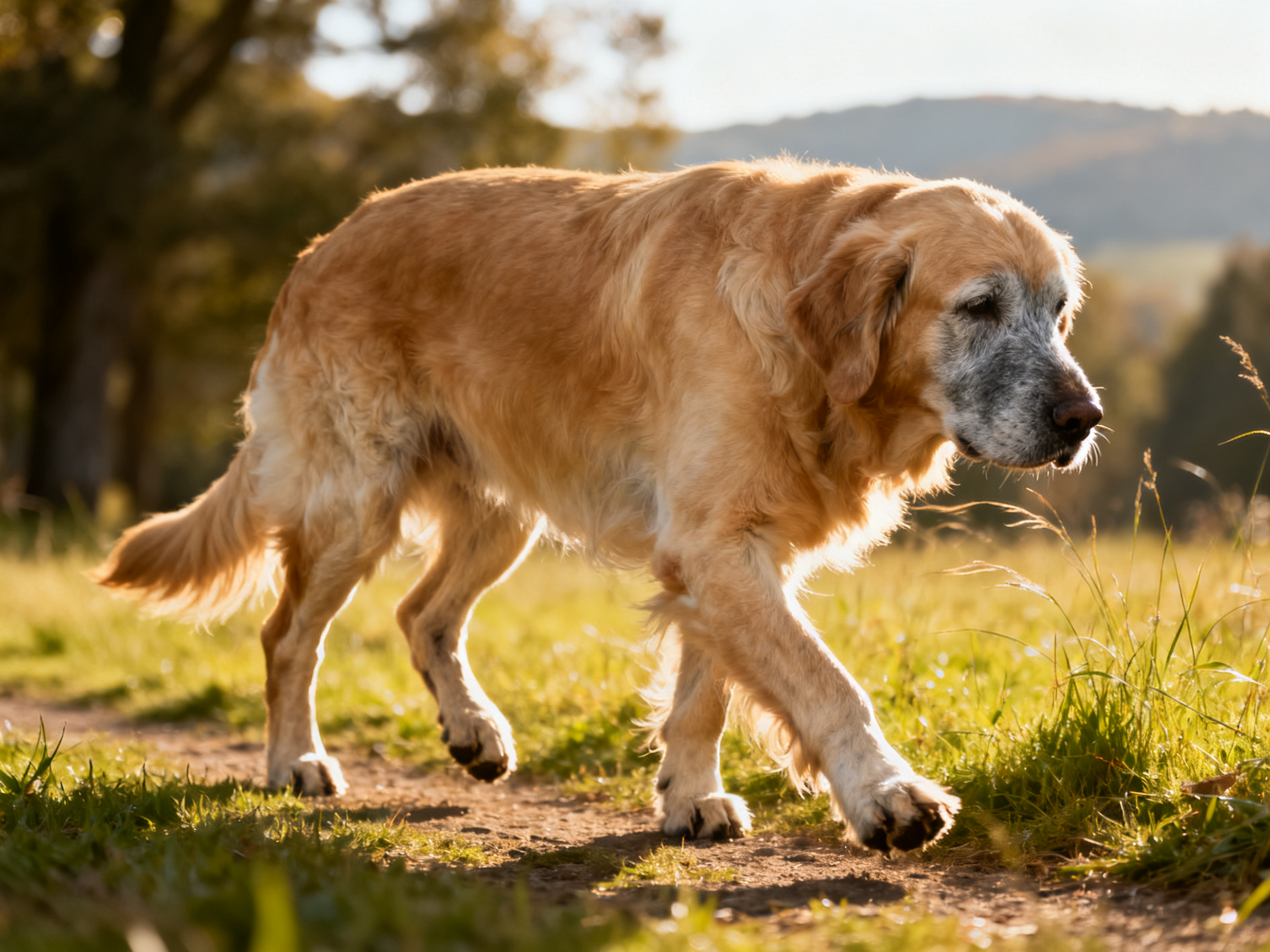 老年金毛猎犬在户外缓慢行走，关节炎症状表现