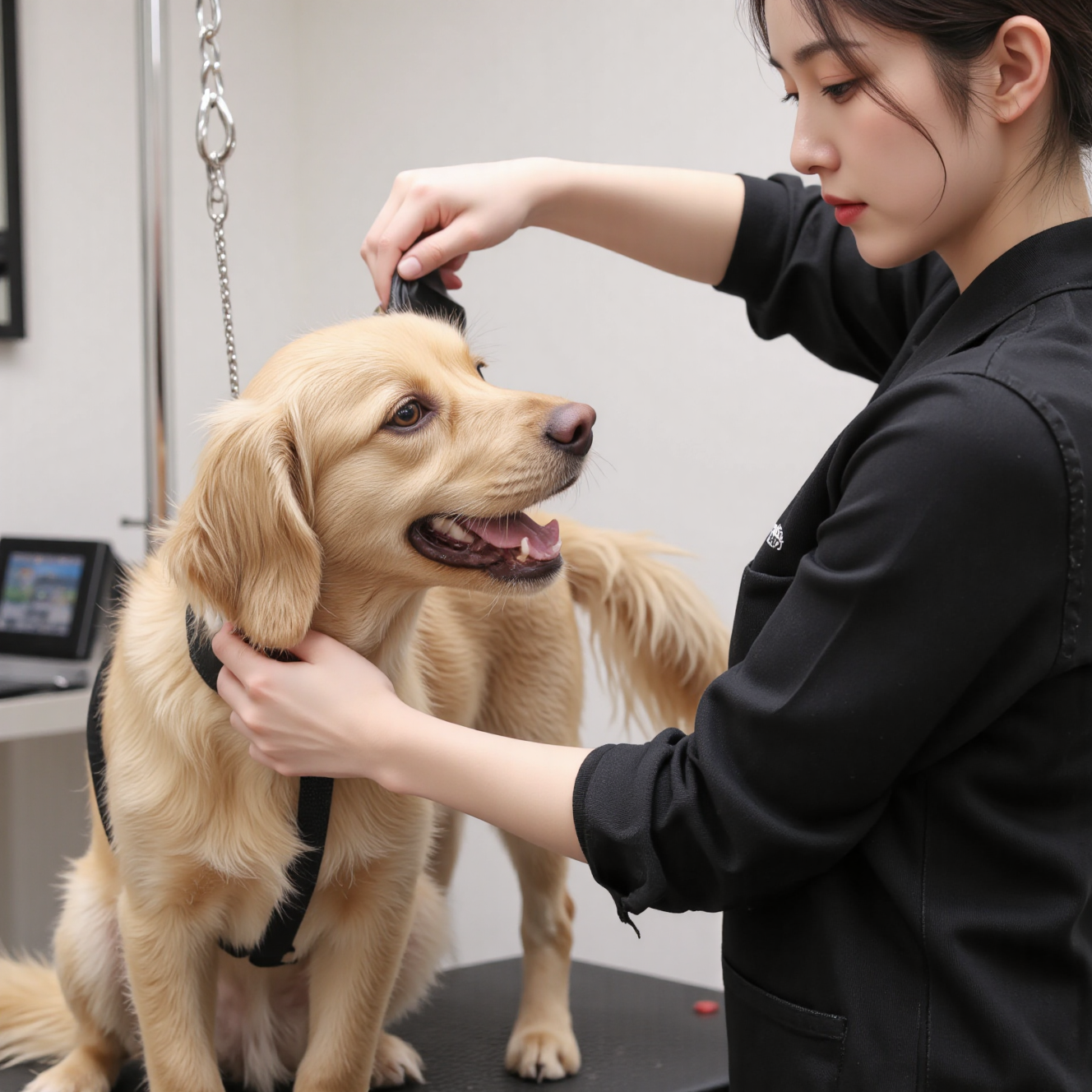 专业美容师梳理打结长毛犬皮毛，宠物美容护理过程
