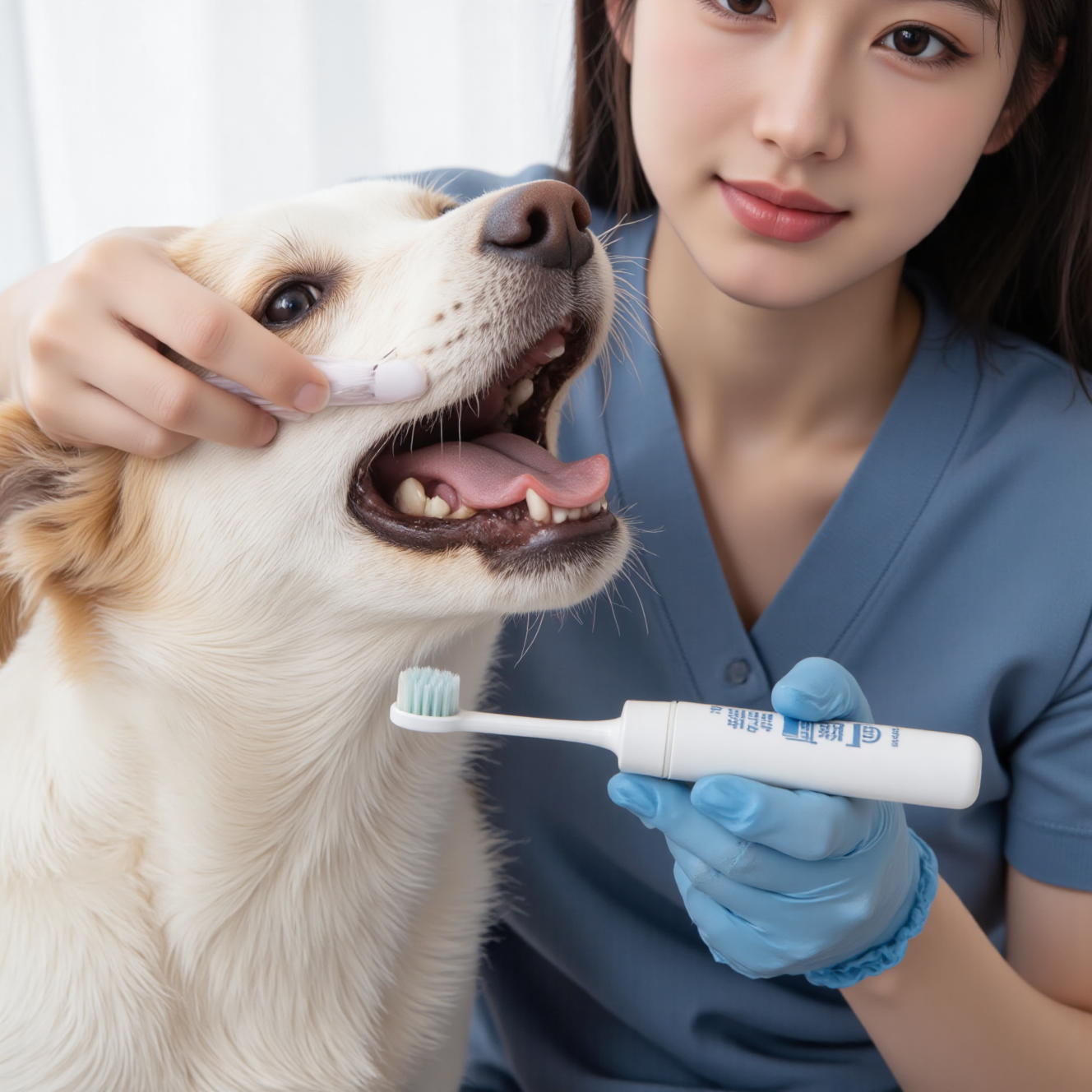 兽医在诊所对狗狗进行专业牙齿洁牙处理