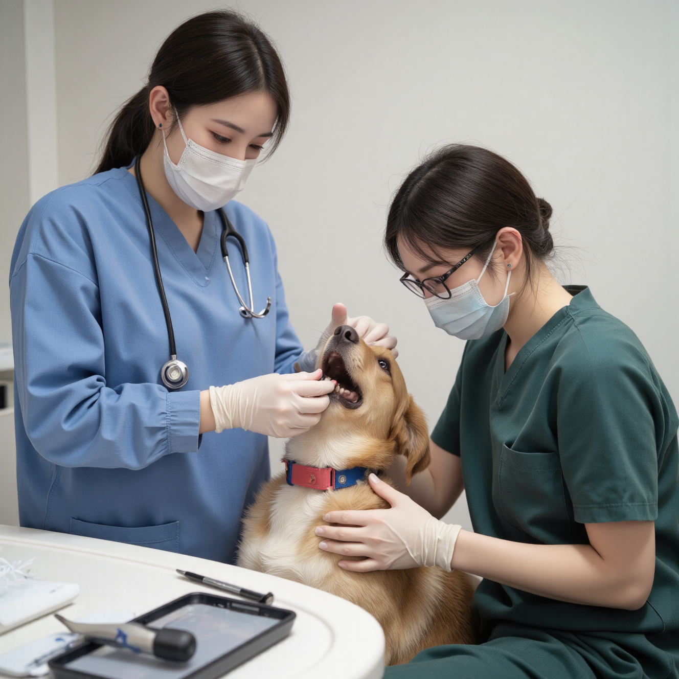 兽医为狗狗进行专业口腔洁牙,宠物口腔健康专业检查