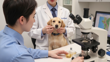 兽医在显微镜下观察狗狗粪便检查寄生虫虫卵，犬肠道寄生虫检测