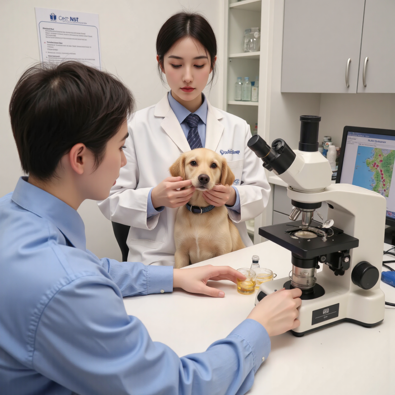 兽医在显微镜下观察狗狗粪便检查寄生虫虫卵，犬肠道寄生虫检测