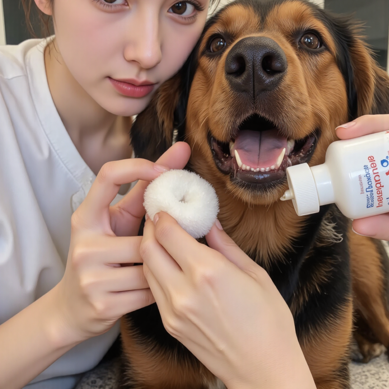 主人用棉球和耳道清洁液清洁狗狗外耳，日常耳部护理
