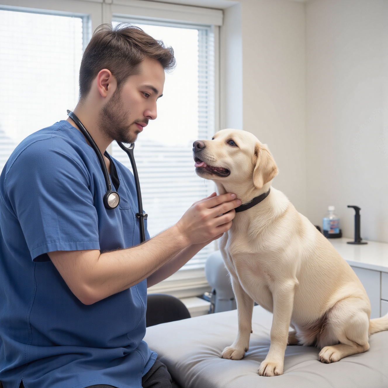兽医用听诊器给狗狗听诊心脏杂音，犬心脏疾病检查