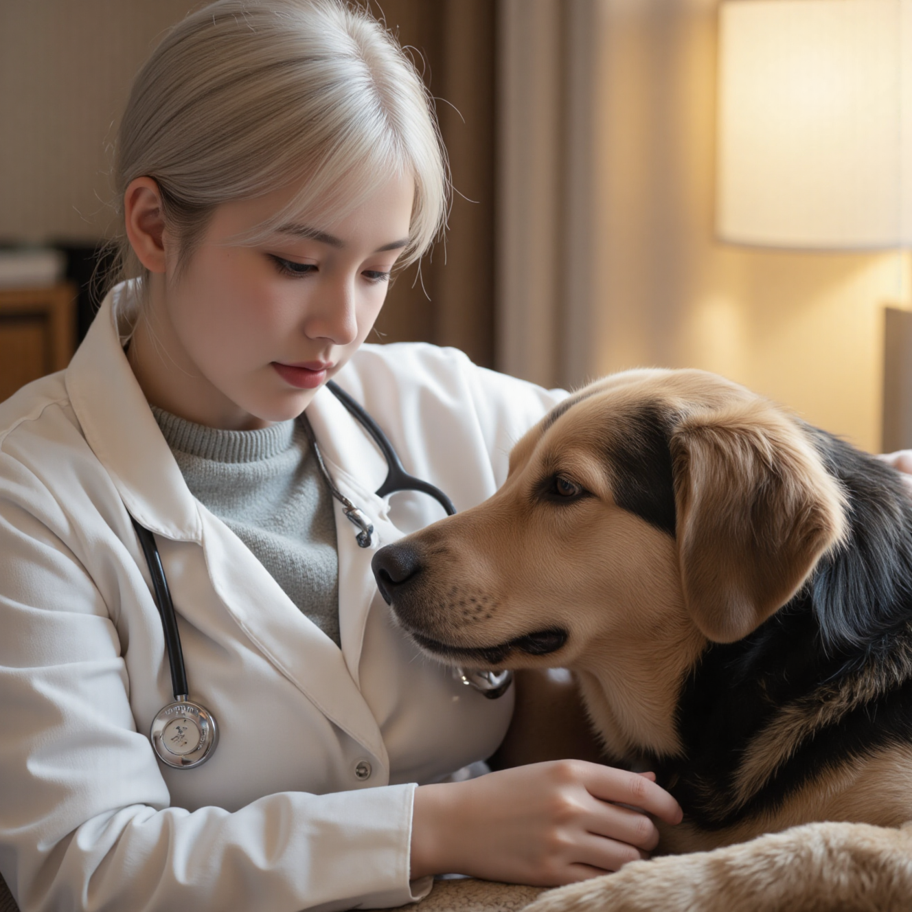 老年犬在主人陪伴下安静休养,心脏病犬日常居家护理管理
