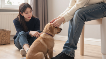 主人引导幼犬在训练垫上如厕，正向奖励如厕训练