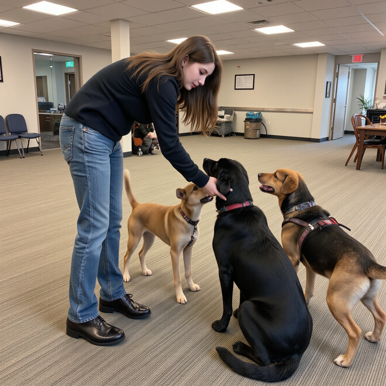 训犬师引导狗狗在牵绳状态下平静有礼地与陌生狗见面