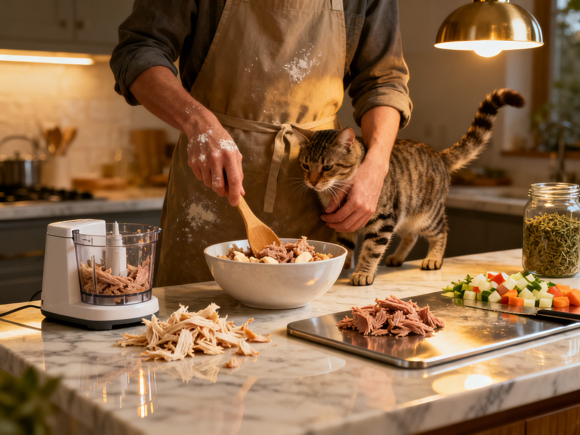 猫咪主人准备自制金枪鱼零食，家庭厨房健康宠物食品