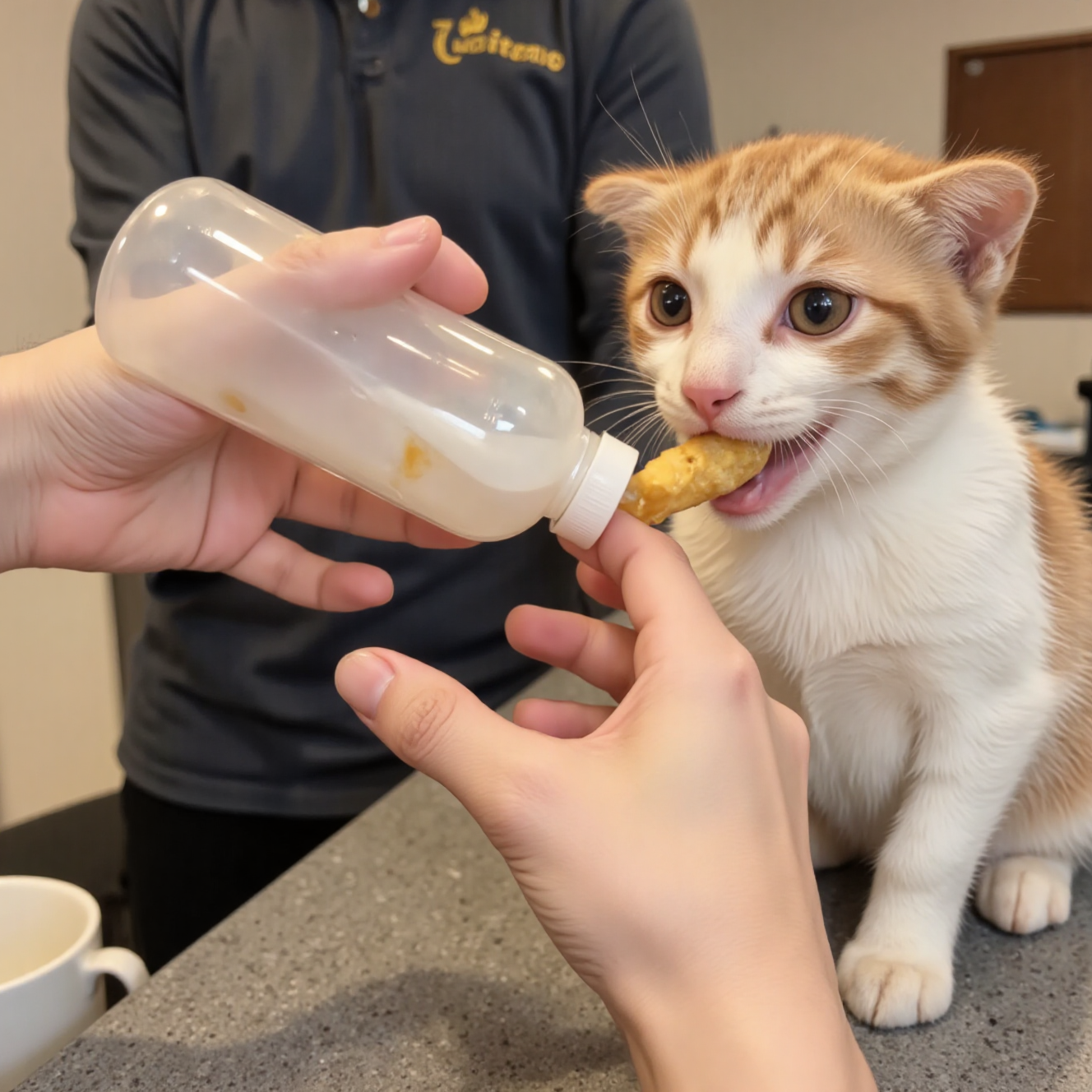主人给幼猫喂食或用奶瓶喂养孤儿幼猫