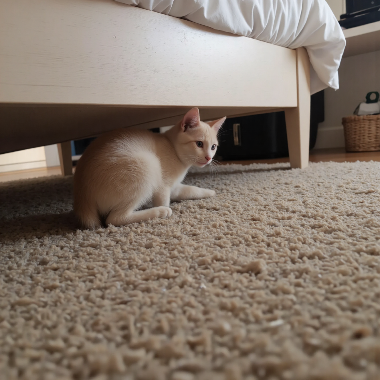 新猫咪在新家躲藏探索适应环境,主人耐心等待接近