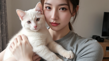 兴奋的新手猫主人第一次将猫咪抱回家，迎接新宠物