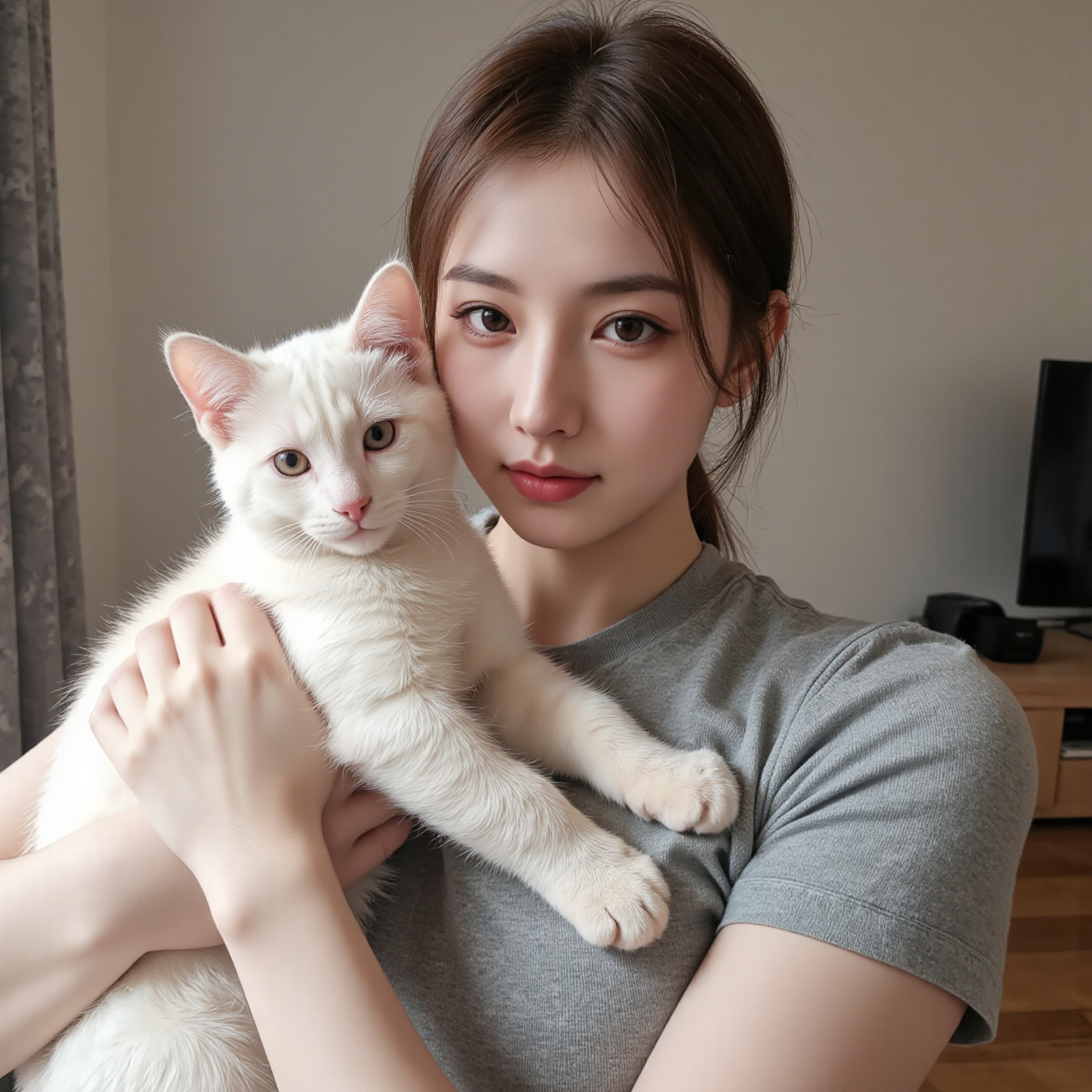 兴奋的新手猫主人第一次将猫咪抱回家，迎接新宠物