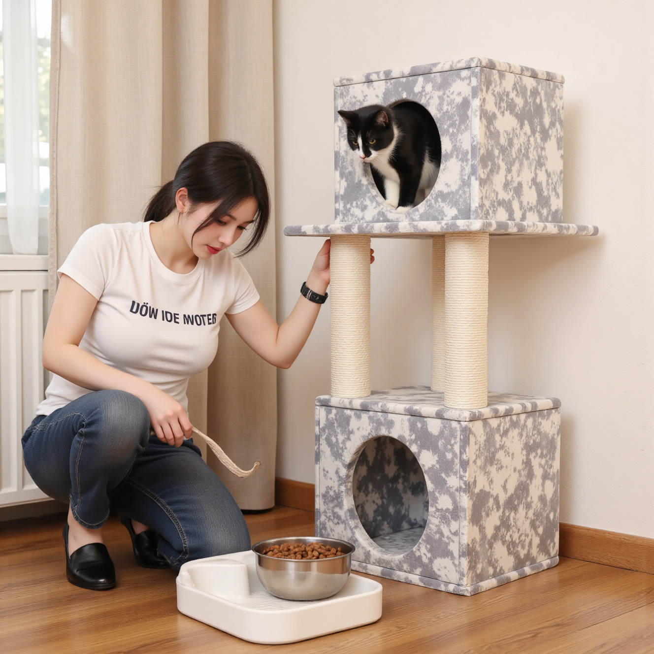 猫咪在完整的新手养猫环境中猫树猫抓板玩具食碗砂盆齐全