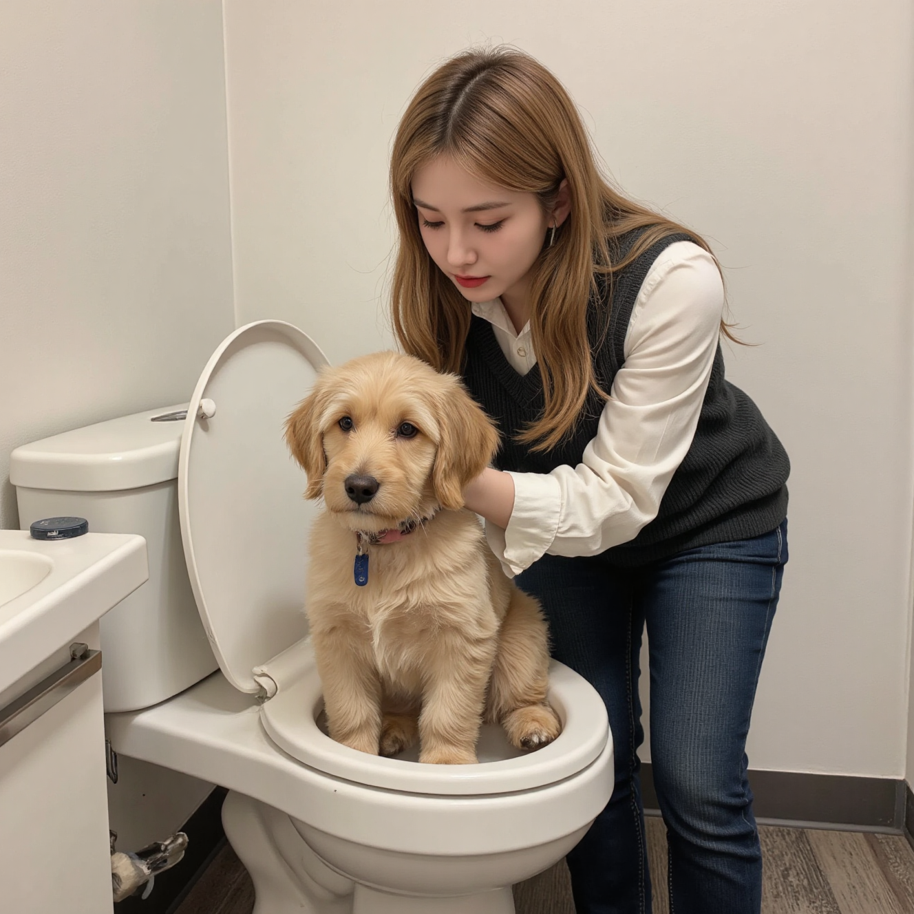 主人耐心训练幼犬如厕，正向奖励零食训练法