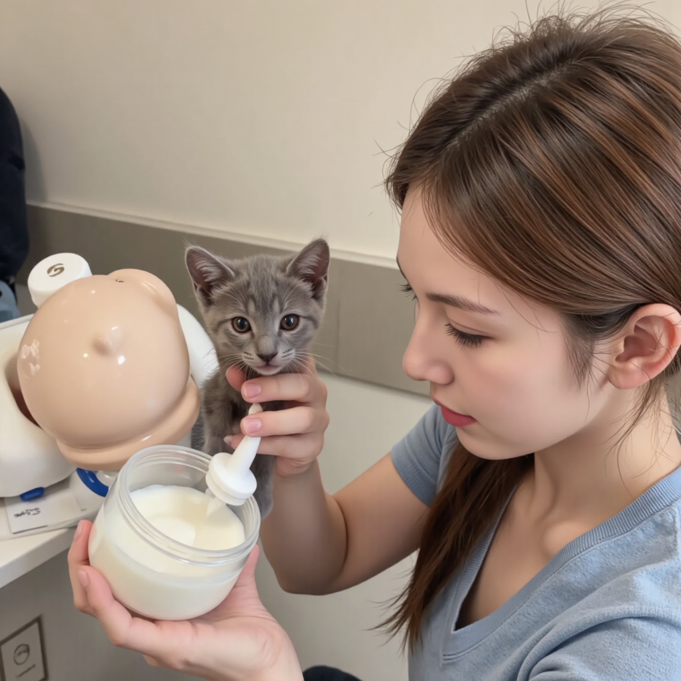 主人用奶瓶人工喂养孤儿幼猫，幼猫代奶粉哺乳