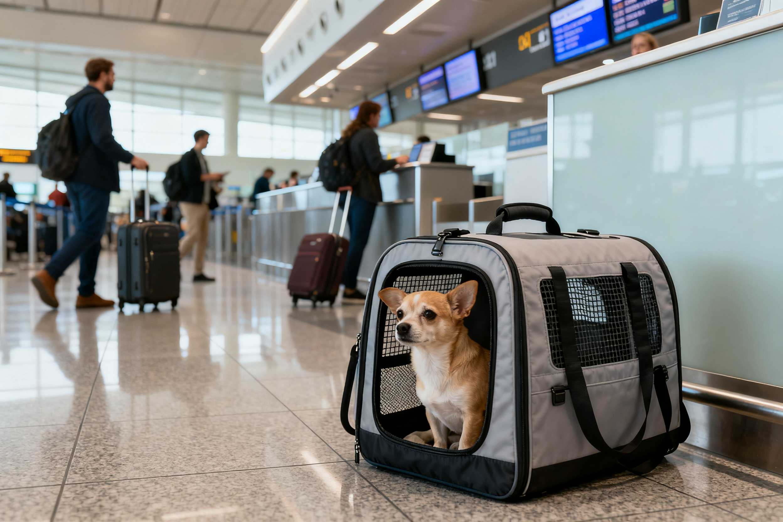 宠物背包航空箱在机场，宠物飞行出行准备