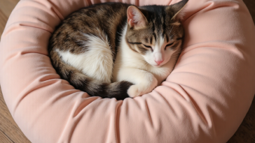 猫咪睡在圆形猫窝里，各种宠物睡窝对比