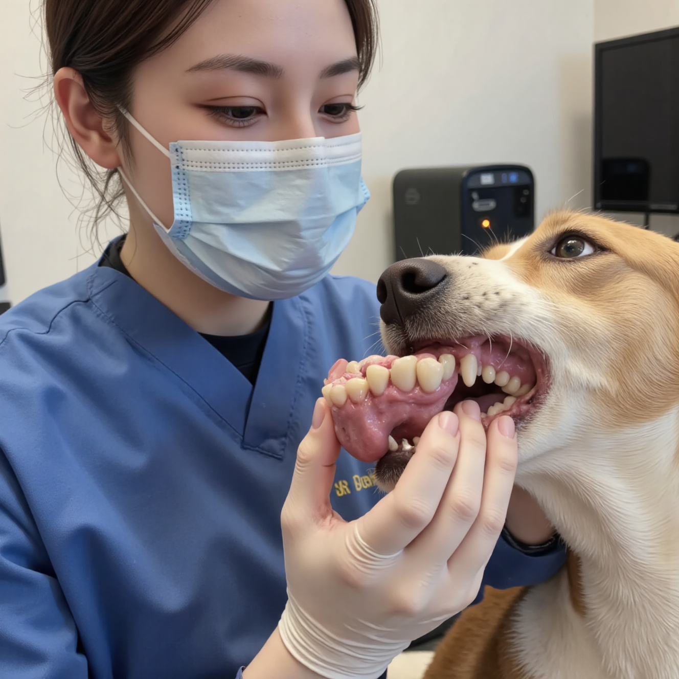 兽医展示狗狗严重牙结石和牙龈萎缩牙周病，宠物口腔健康问题