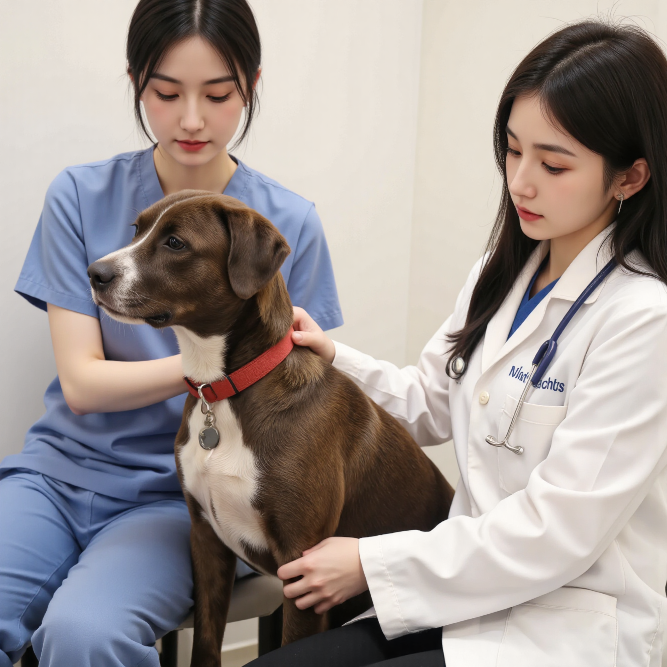 兽医仔细检查宠物犬身上的蜱虫跳蚤，寄生虫检查