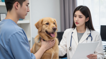 宠物主人在兽医诊所咨询宠物保险条款，宠物医疗规划