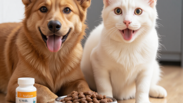 猫咪和狗狗旁边摆放益生菌补充剂，宠物肠道健康营养补充
