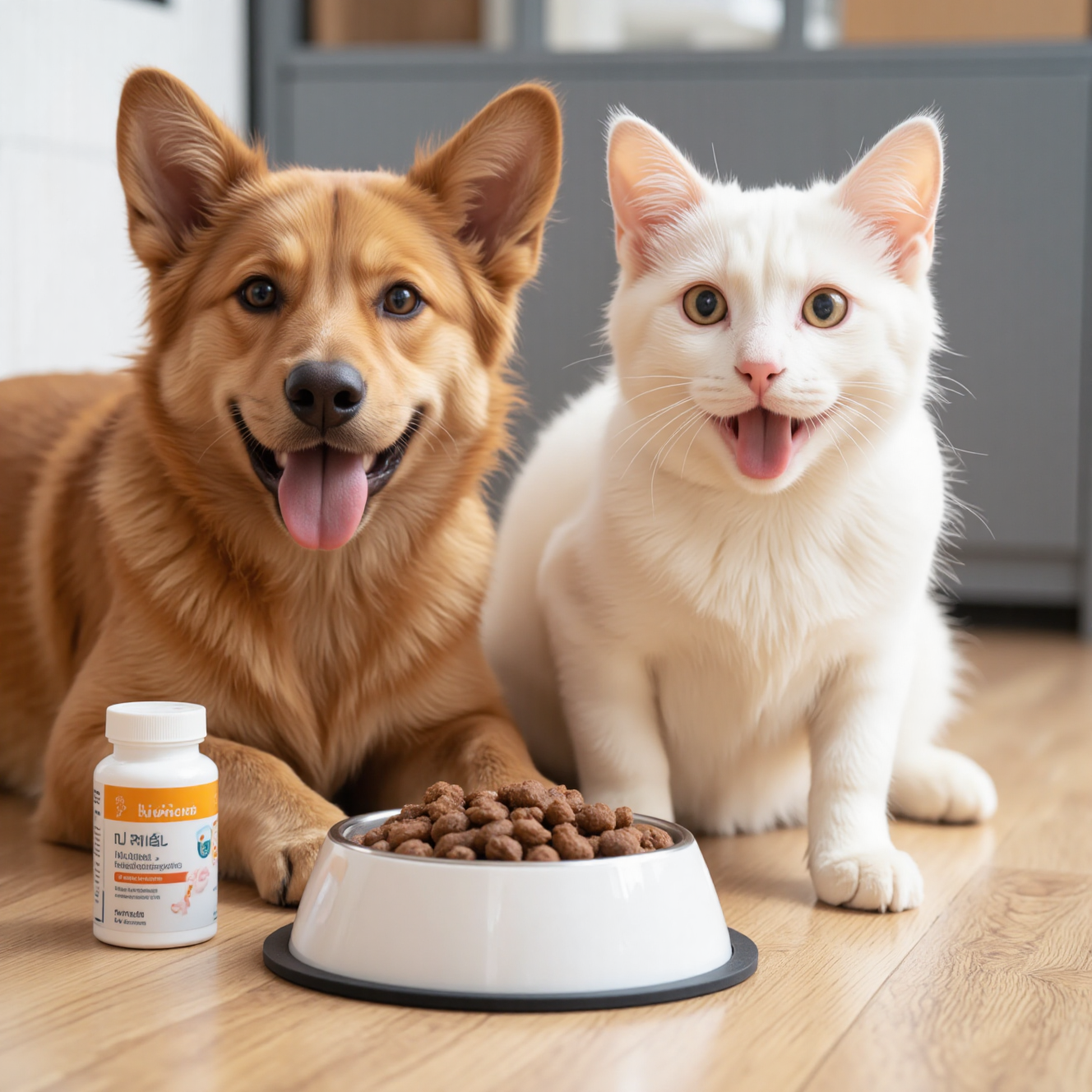 猫咪和狗狗旁边摆放益生菌补充剂，宠物肠道健康营养补充