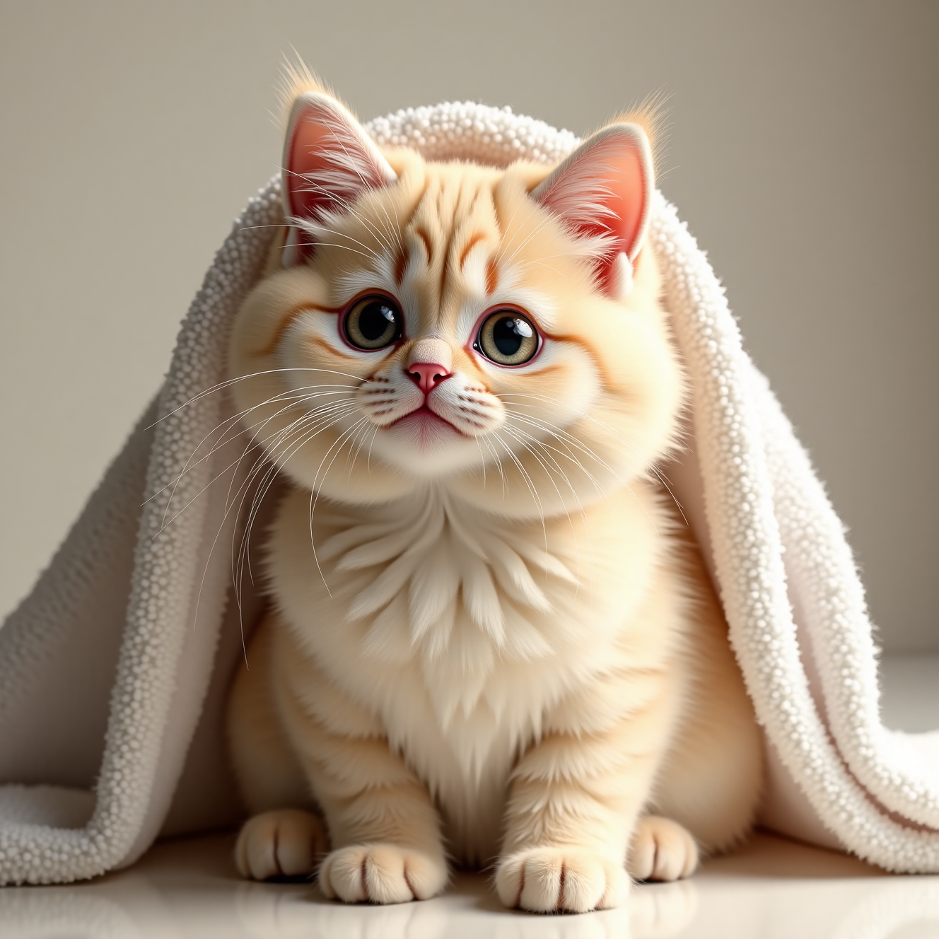 洗澡后猫咪被毛巾擦干，宠物洗澡吹干正确护理流程展示