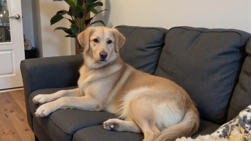 金毛犬春季换毛大量掉毛，沙发上满是狗毛