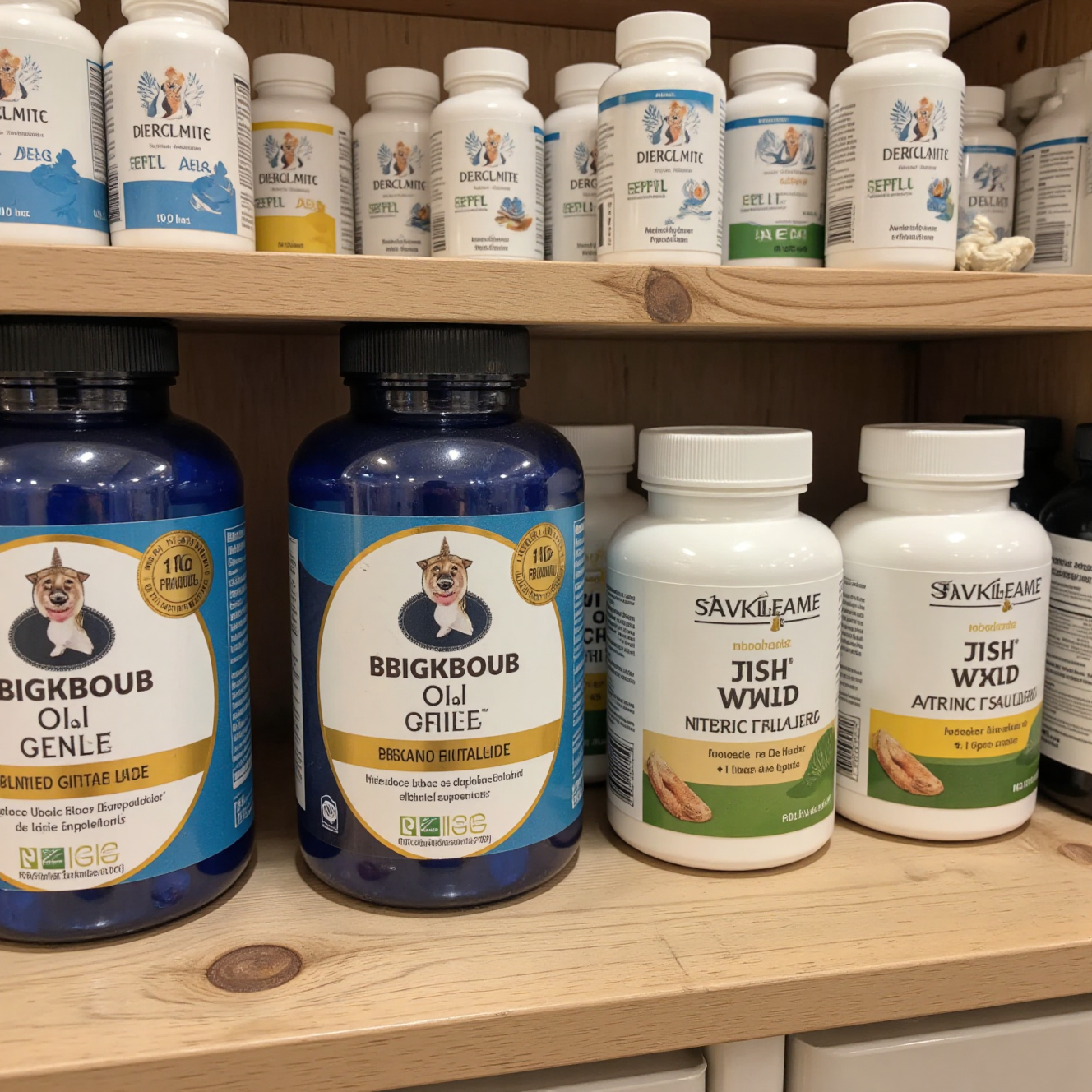 各类宠物营养补充剂鱼油益生菌关节保健品展示,宠物健康产品