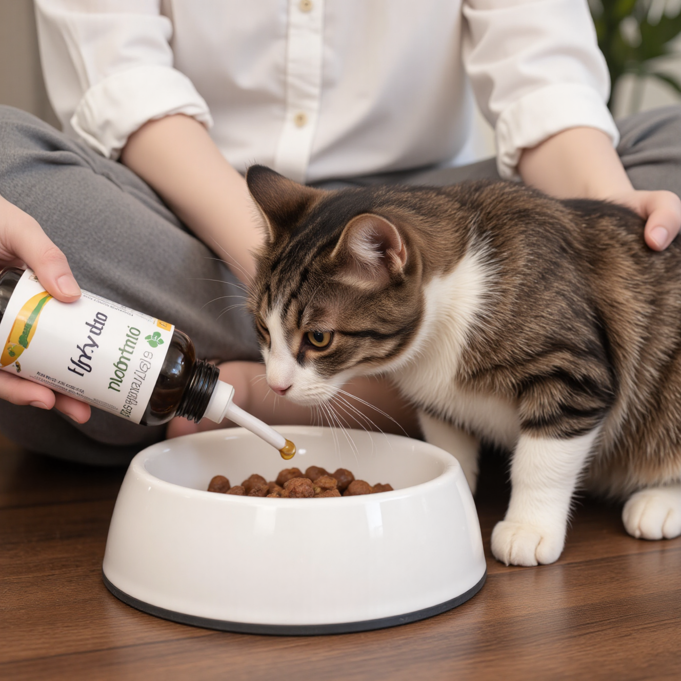 主人给猫咪食物中添加益生菌补充剂,宠物肠道健康护理