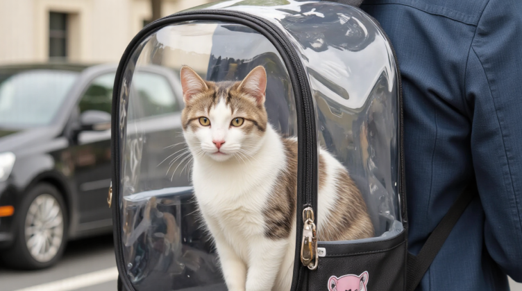 猫咪坐在透明太空舱背包里，主人背包外出宠物出行方案